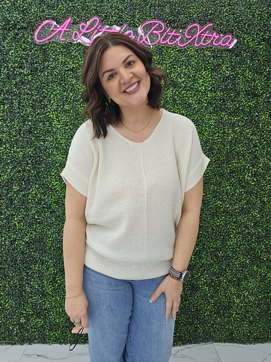 BOXY CHUNKY KNIT SHORT SLEEVE SWEATER CREAM