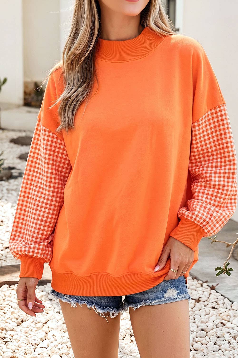 Plaid Sleeve Colorblock Mock Neck Sweatshirt Orange