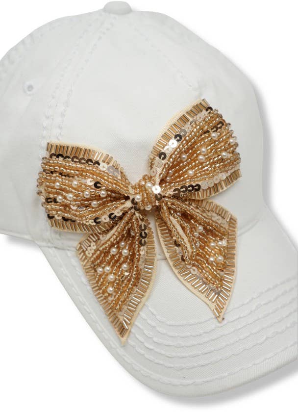Bejeweled Bow Pearl Bling Glitz Ponytail Cap, Adjustable
: Black