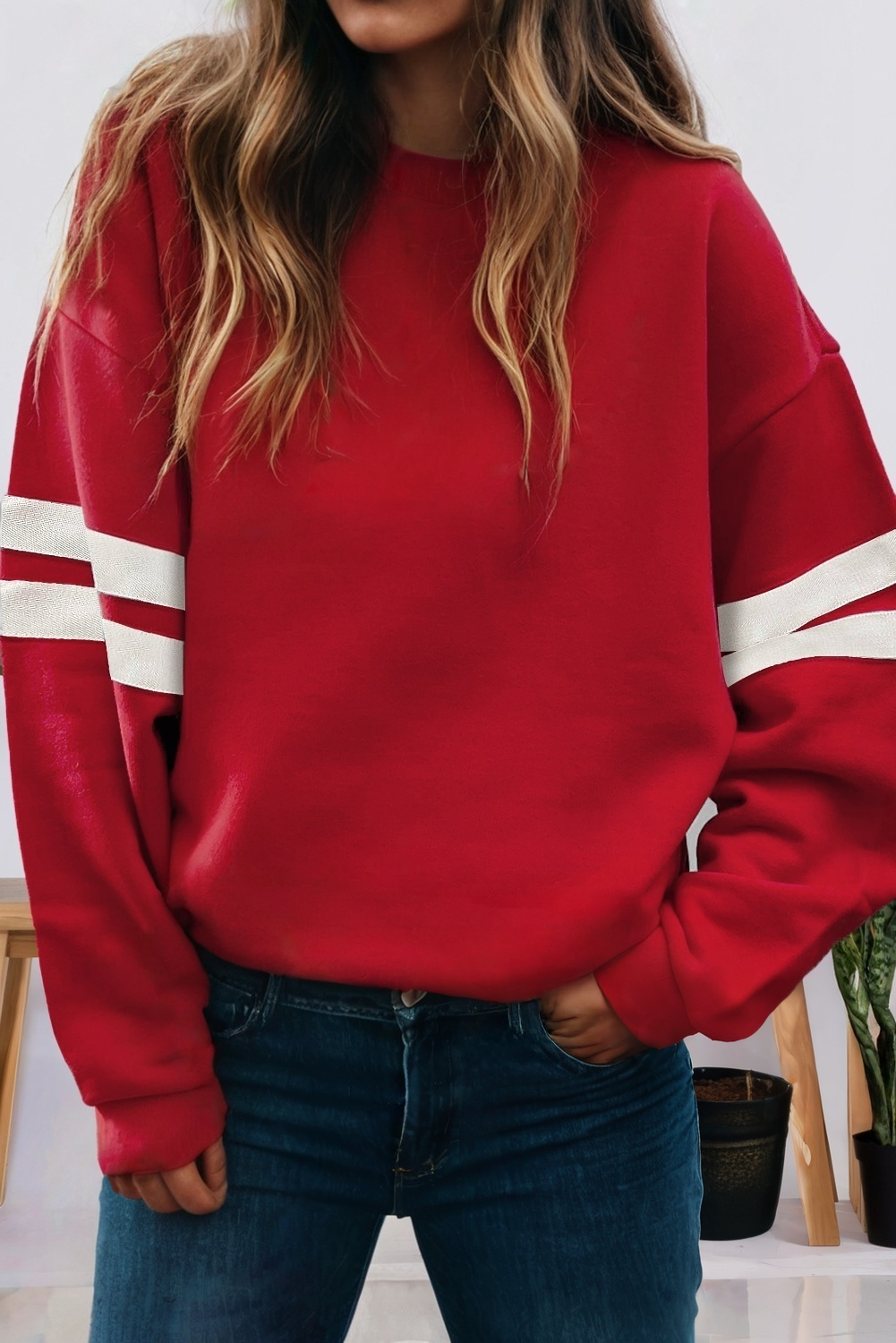 66Love Varsity Striped Plus Size Oversized Sweatshirt : Red