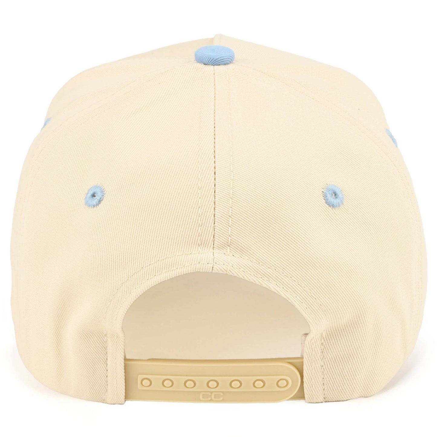 C.C HAPPIER AT THE LAKE Letter Two Tone Trucker Hat: Sky Blue