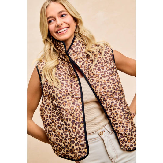 LEOPARD PRINT PIPING DETAIL QUILTED VEST: LEOPARD/BLACK / S