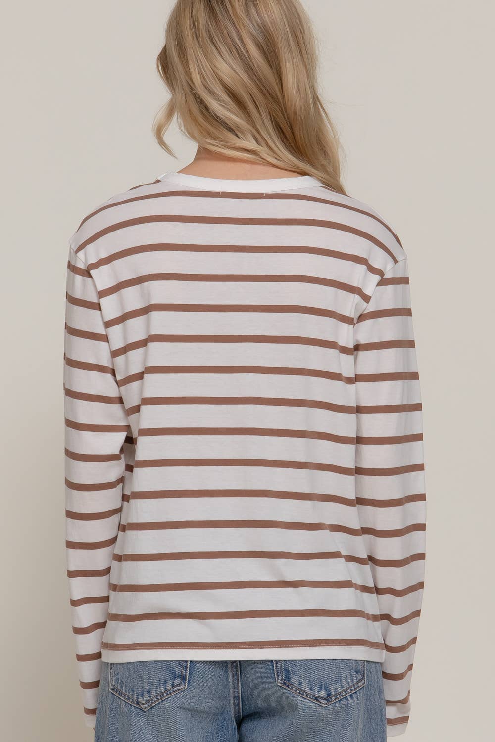 Long Sleeve Round Neck Khaki Stripe Tee