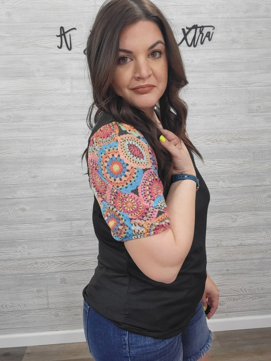 CROCHET LACE PUFF BUBBLE SHORT SLEEVE TOP