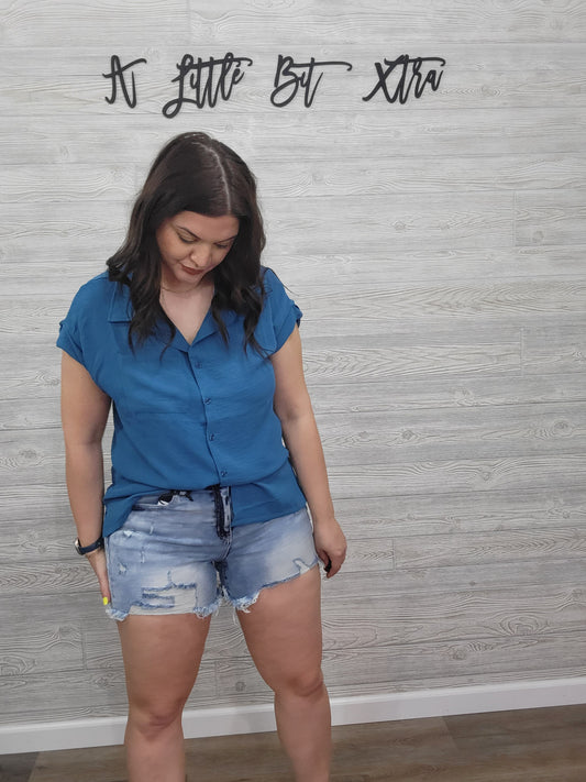 Teal Rolled Sleeve Blouse