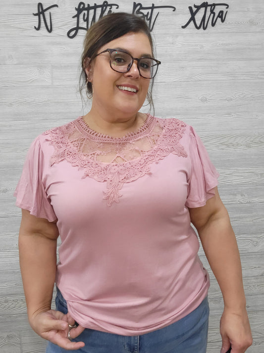 PINK SOLID TOP WITH LACE SLEEVES