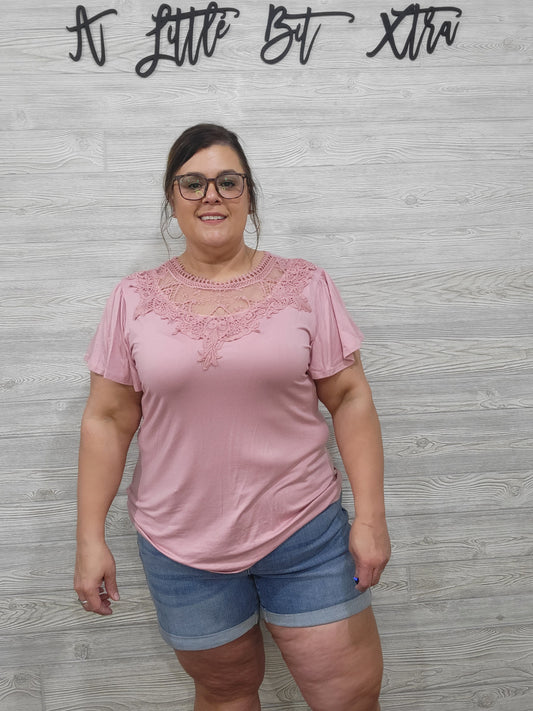 PINK SOLID TOP WITH LACE SLEEVES