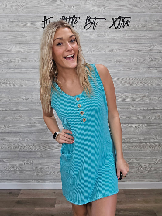 TURQUOISE CORDED SLEEVELESS TANK MINI DRESS