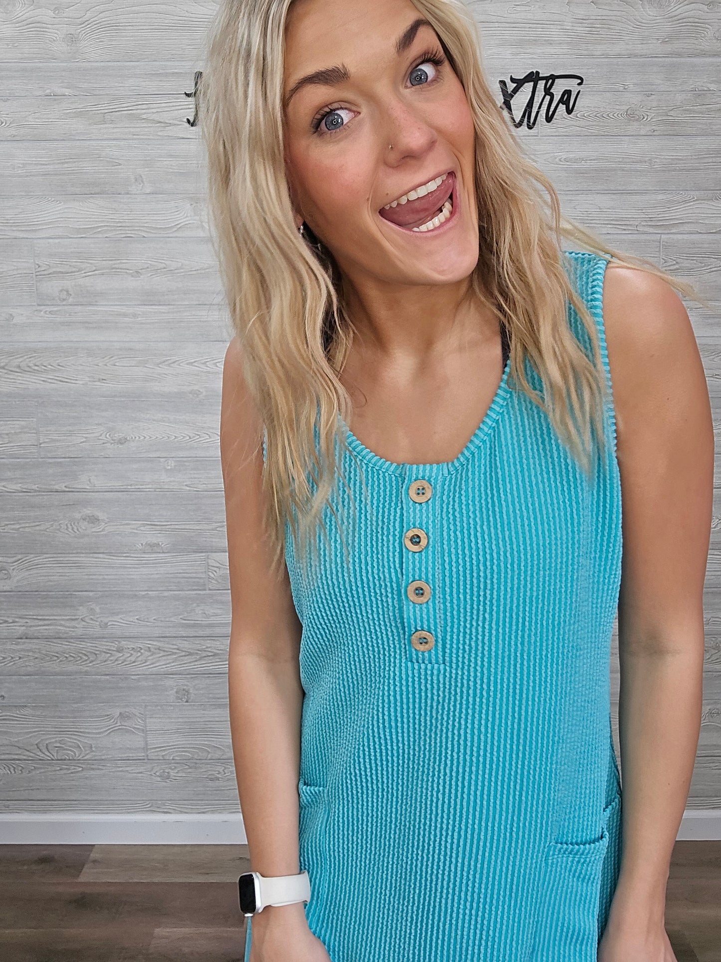 TURQUOISE CORDED SLEEVELESS TANK MINI DRESS