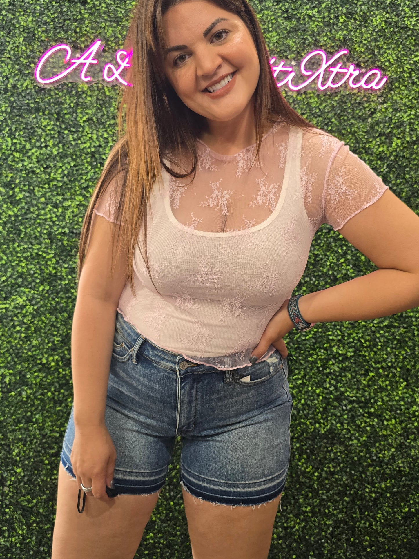 Pink Alle Short Sleeve Lace Top