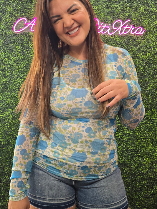 VINTAGE FLORAL BLUE MESH TOP