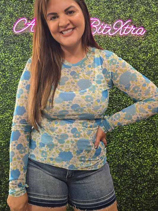 VINTAGE FLORAL BLUE MESH TOP