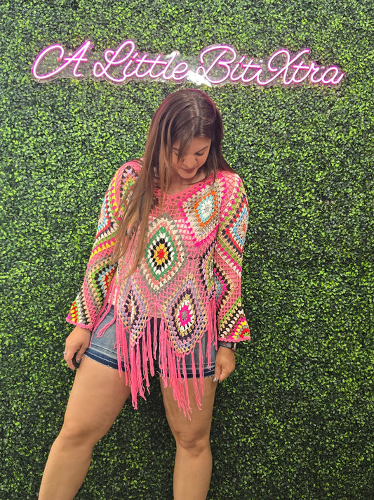 Pink Boho Crochet Knit Top