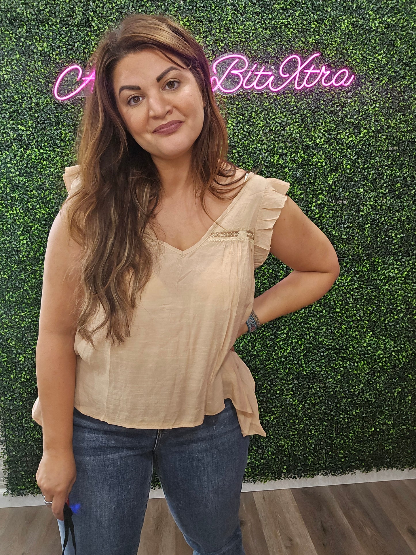 KHAKI BOHO FLOWY TOP