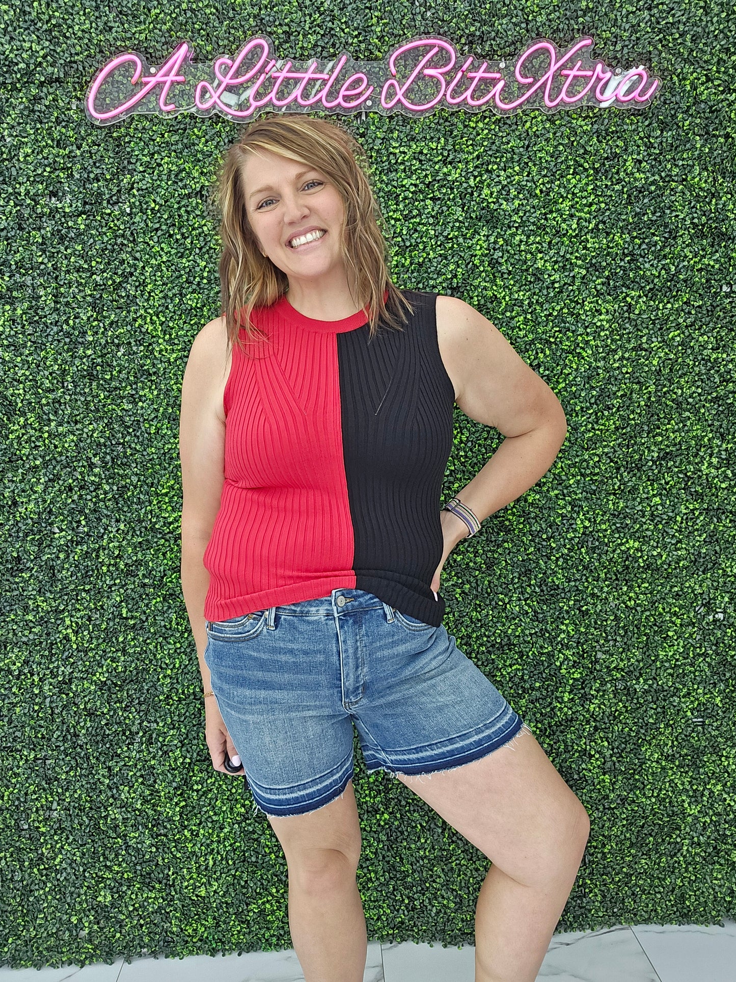 Game Day Contrast Sweater Ribbed Top: RED/BLACK