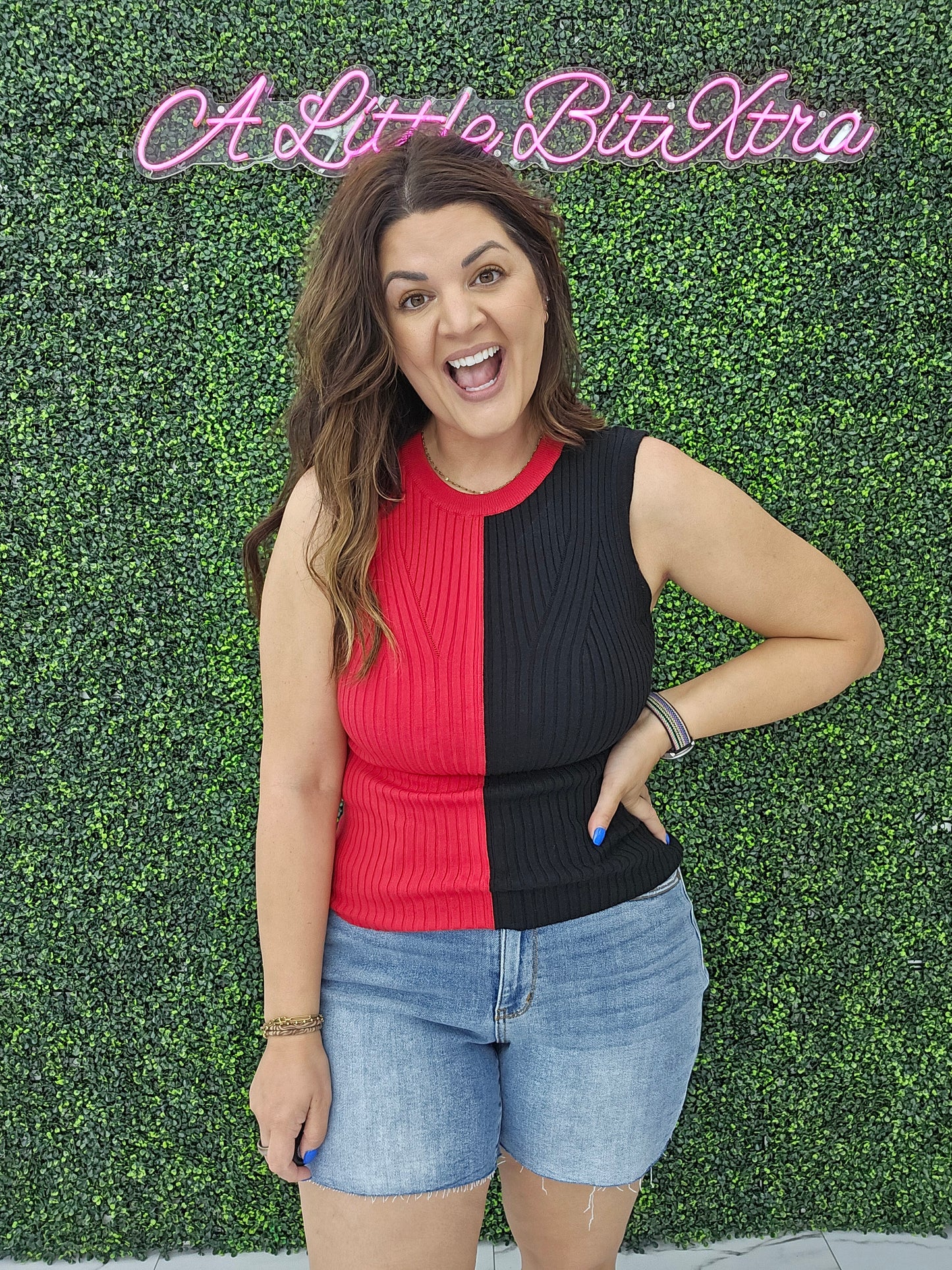 Game Day Contrast Sweater Ribbed Top: RED/BLACK