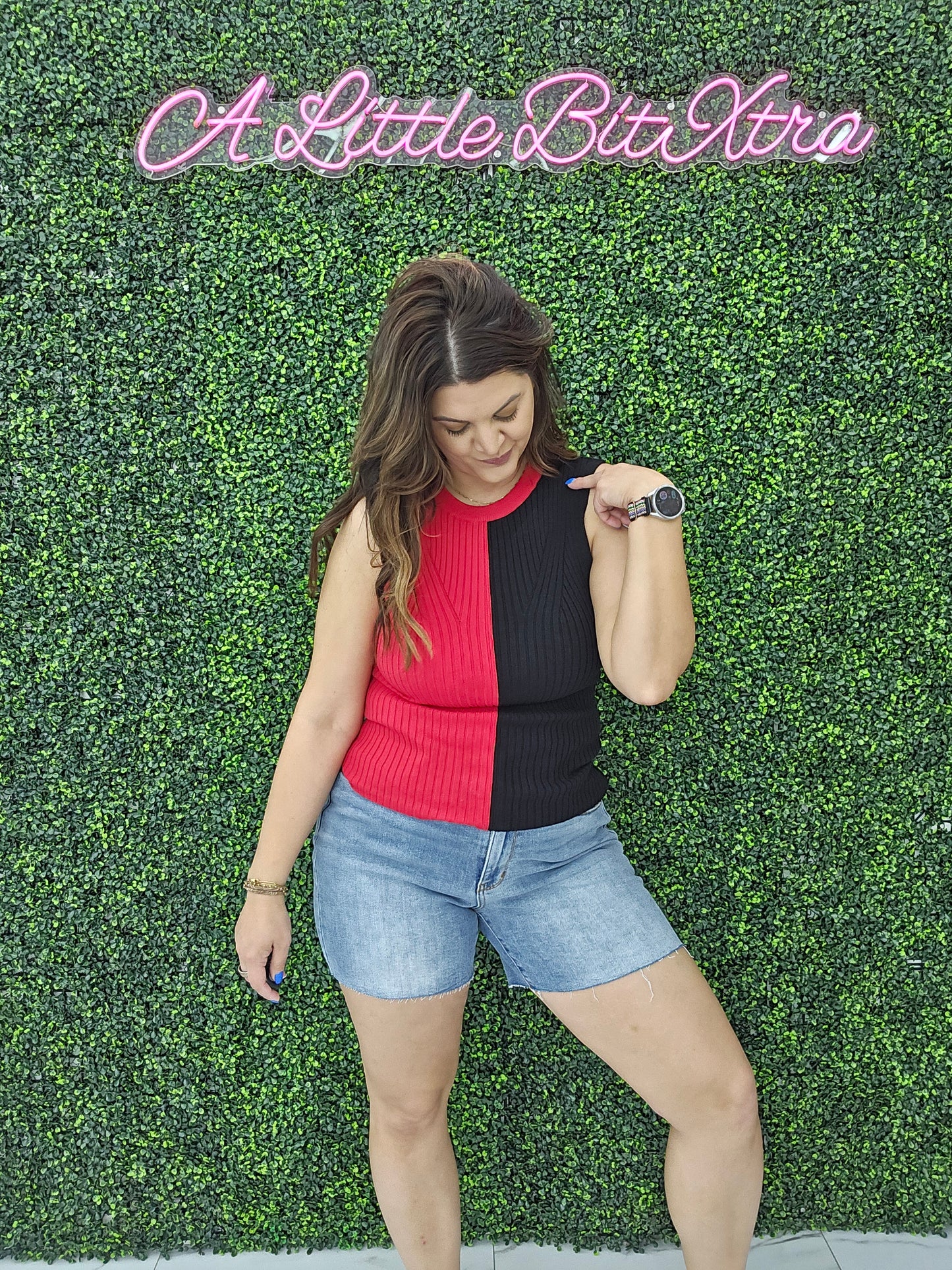 Game Day Contrast Sweater Ribbed Top: RED/BLACK