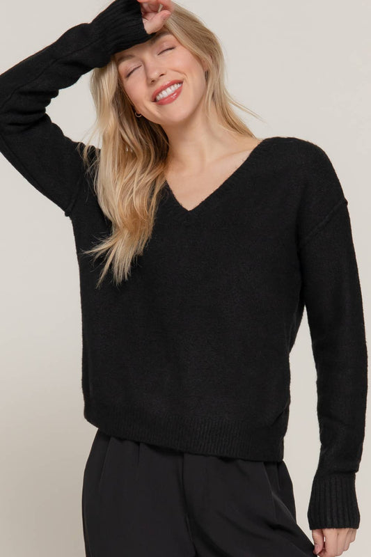 Black Long Sleeve V-Neck Raised Seam Sweater