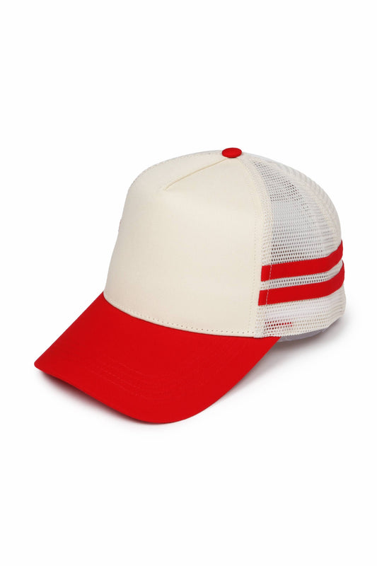 Retro Stripe Mesh Trucker Cap: Red
