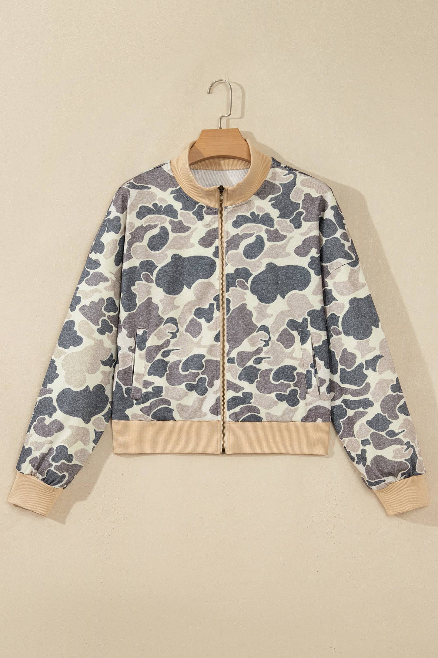 66 Fall 2026 Camo Color Block Trim Zip Bomber Jacket (S-XL): Multicolour / S
