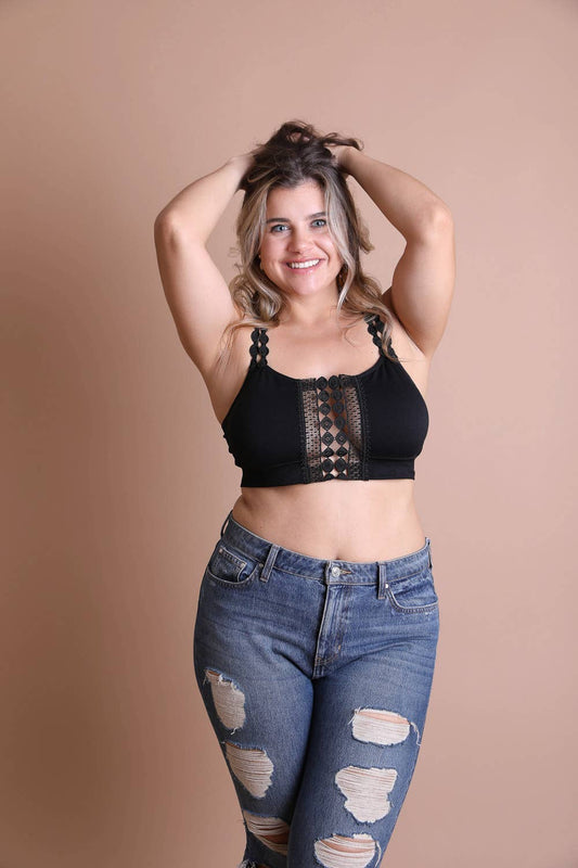 Boho Eye Lace Applique Bralette: Black
