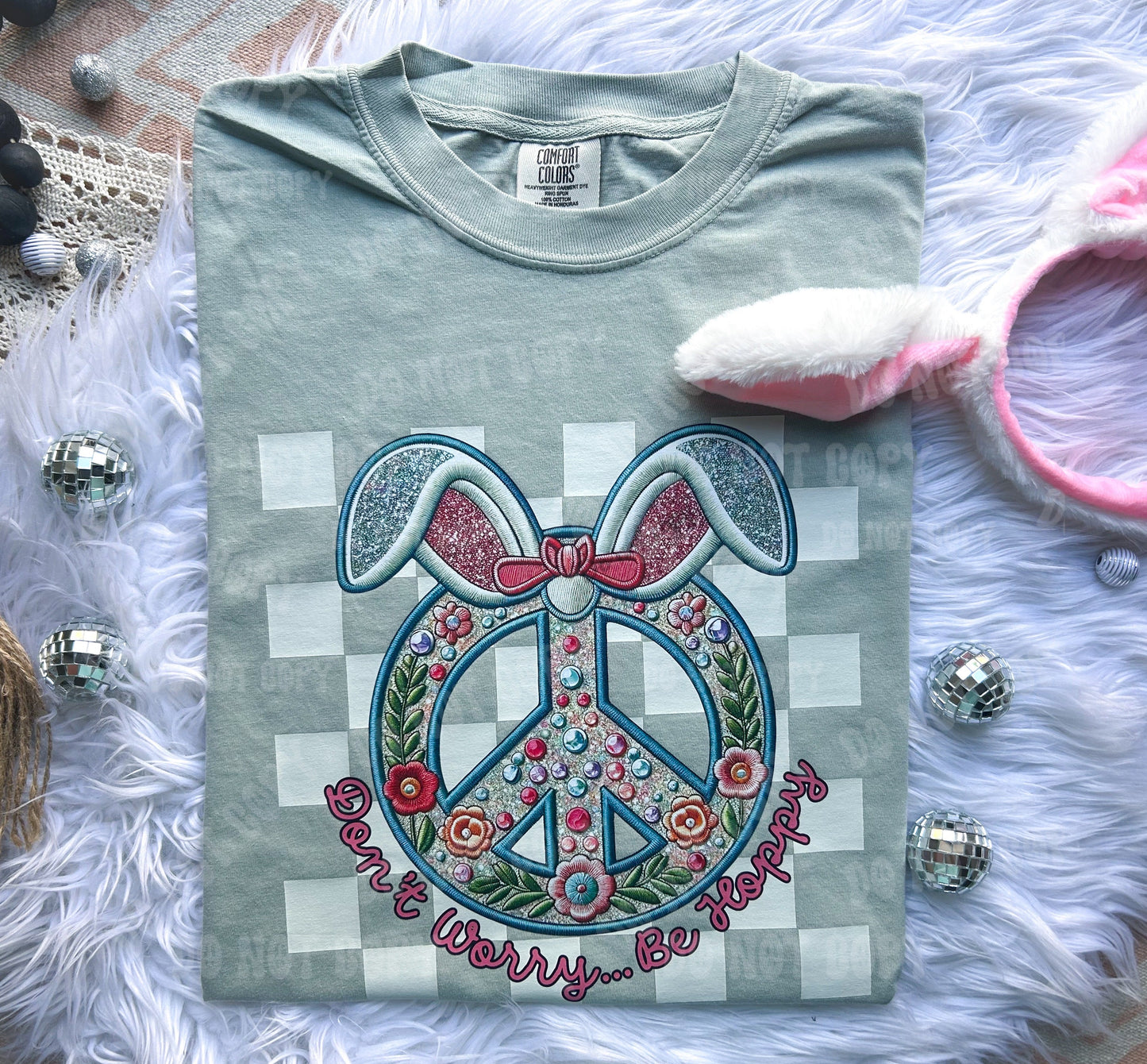 Don’t Worry Be Hoppy Faux Embroidery Comfort Colors Tee