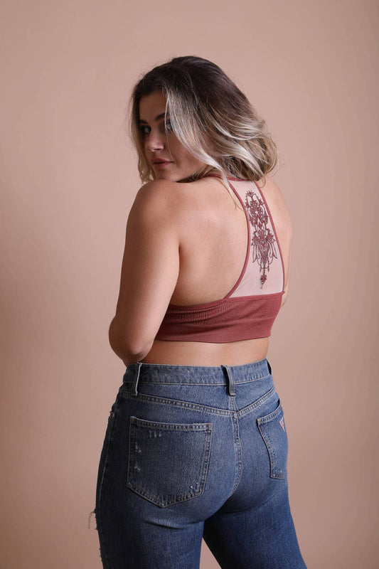Tattoo Mesh Racerback Bralette: RUST