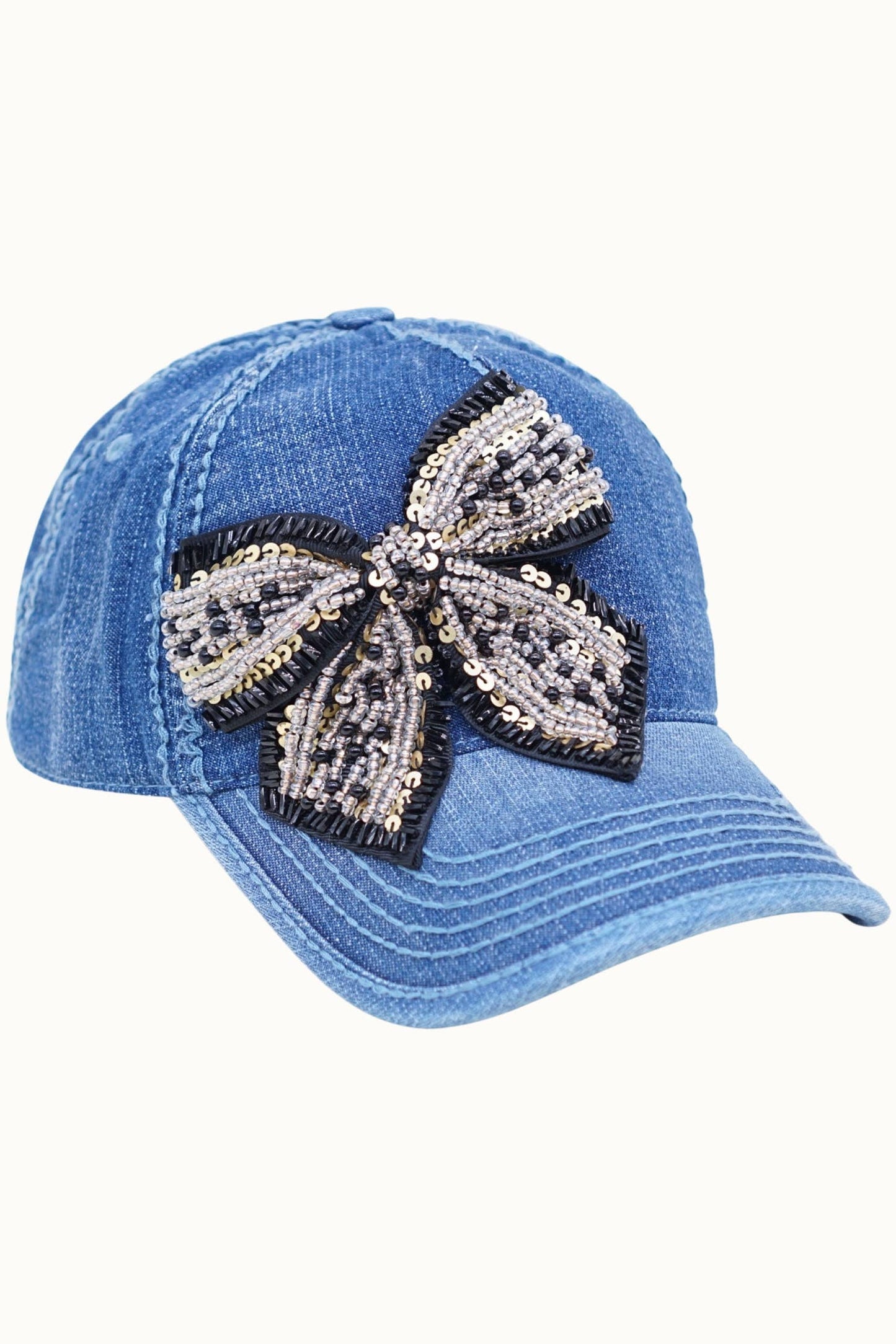 Bejeweled Bow Pearl Bling Glitz Ponytail Cap, Adjustable
: Black