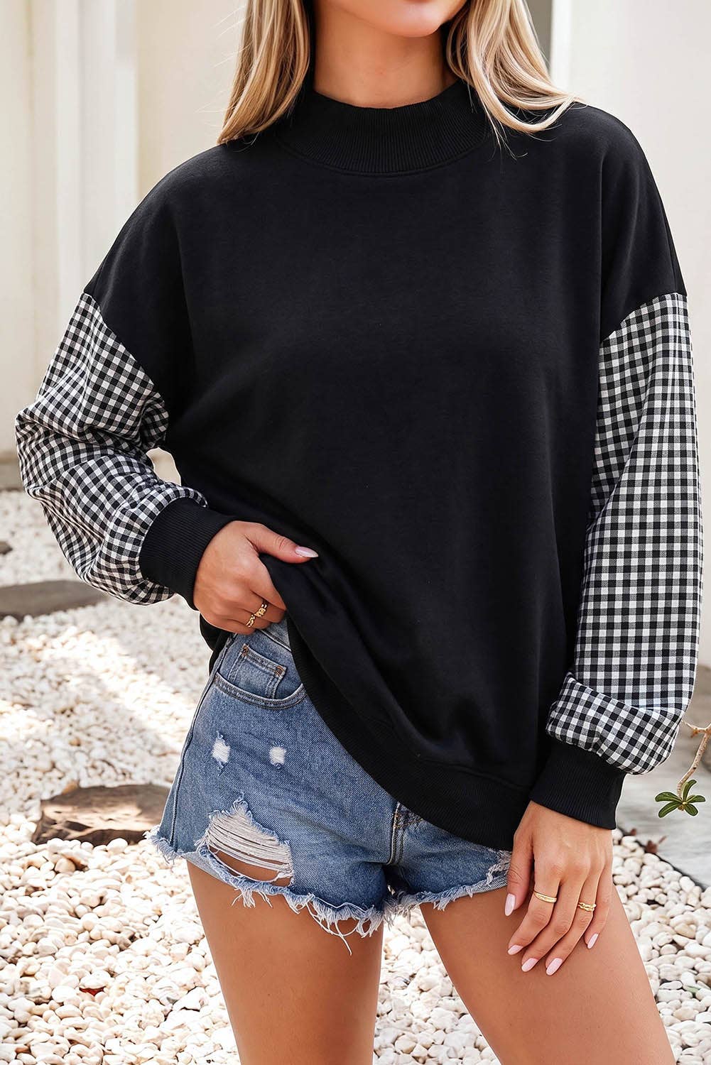 Plaid Sleeve Colorblock Mock Neck Sweatshirt Black