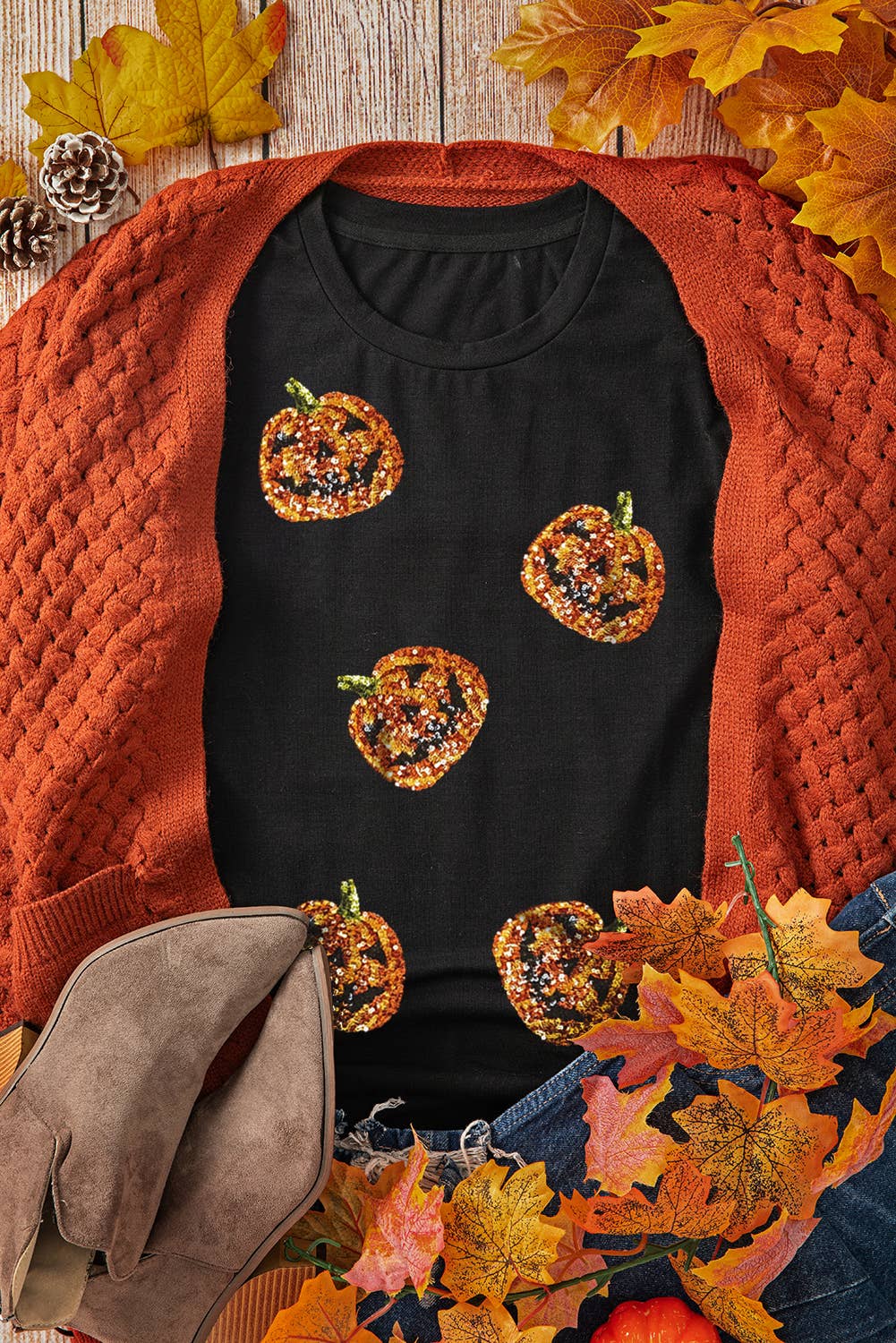 LDC Sequin Pumpkin Face Halloween T Shirt: Black / XL