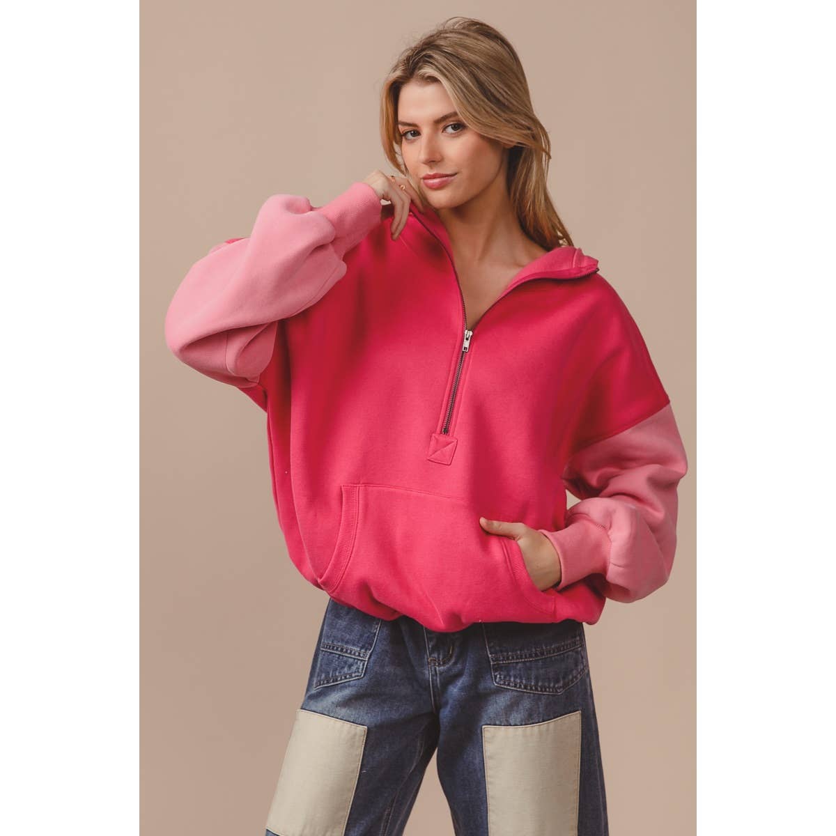 COLOR BLOCK ELASTIC HEM FLEECE HOODIE: PERIWINKLE MULTI / S