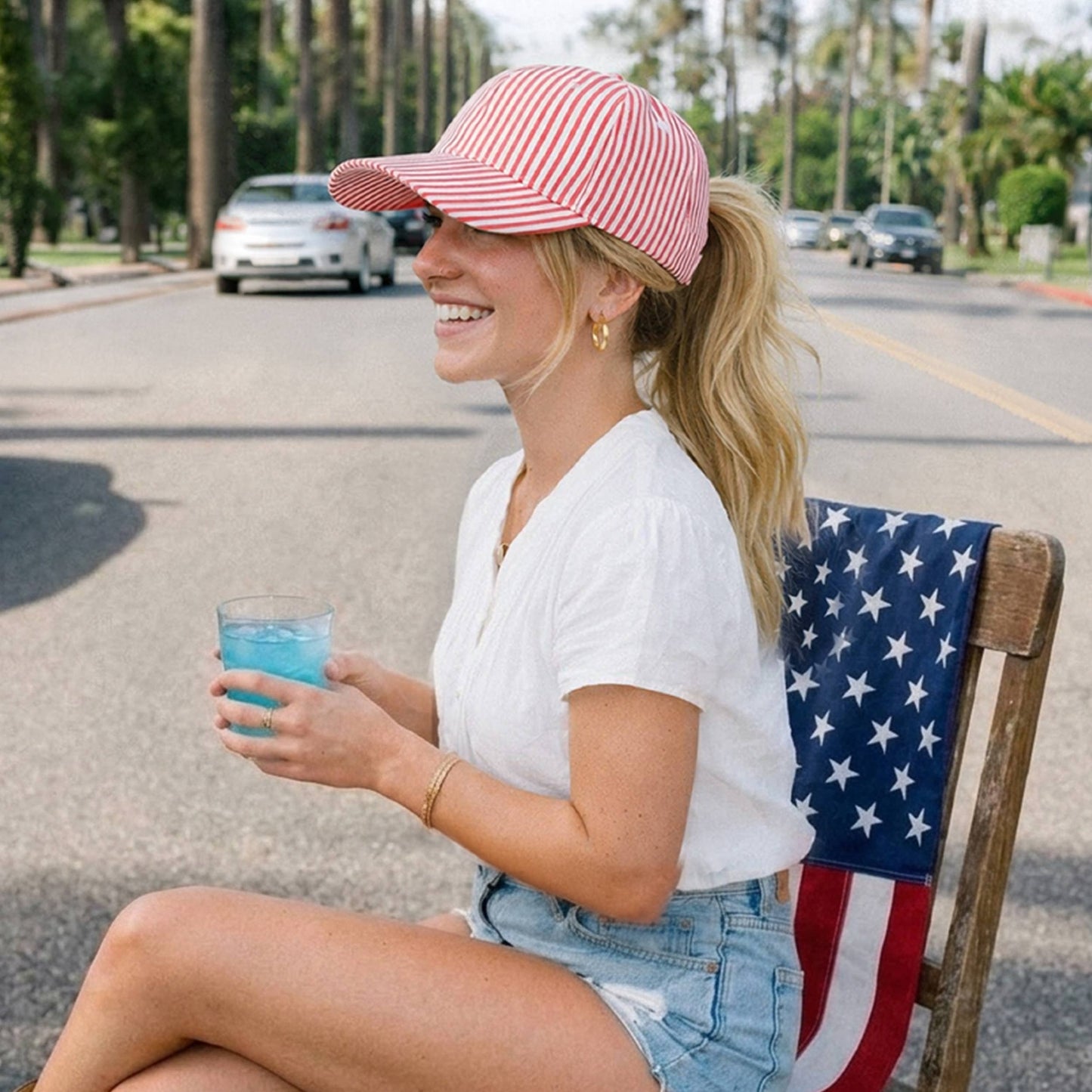 C.C Stripe Pattern Criss-Cross Ponytail Trucker Hat: Red