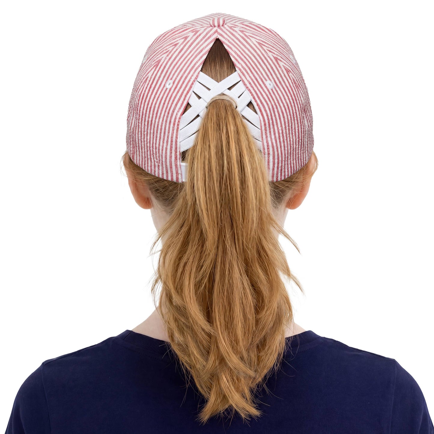 C.C Stripe Pattern Criss-Cross Ponytail Trucker Hat: Red