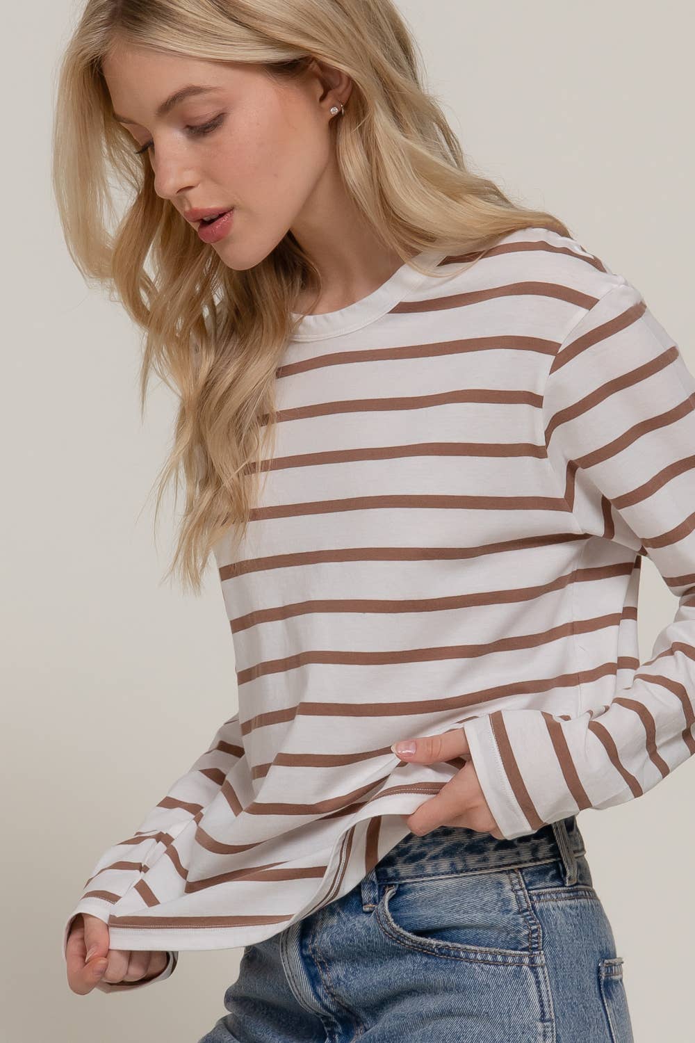 Long Sleeve Round Neck Khaki Stripe Tee