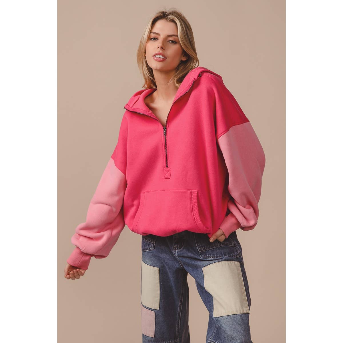 COLOR BLOCK ELASTIC HEM FLEECE HOODIE: PERIWINKLE MULTI / XL