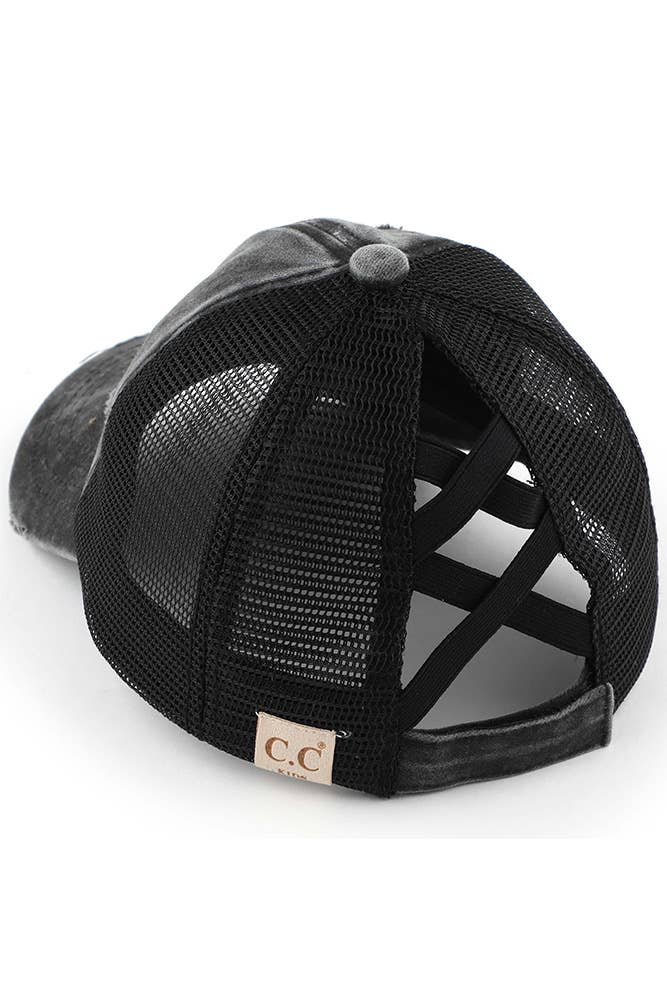 C.C Kids Washed Denim Elastic Band Crossed Pony Cap: Black