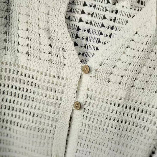 Beige Hollow-Out Knit Short-Sleeve Cardigan