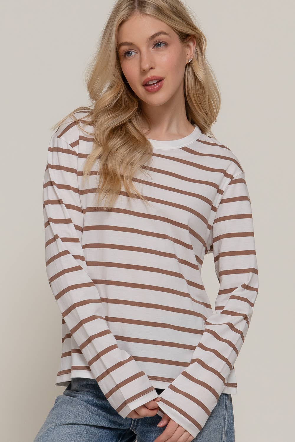 Long Sleeve Round Neck Khaki Stripe Tee