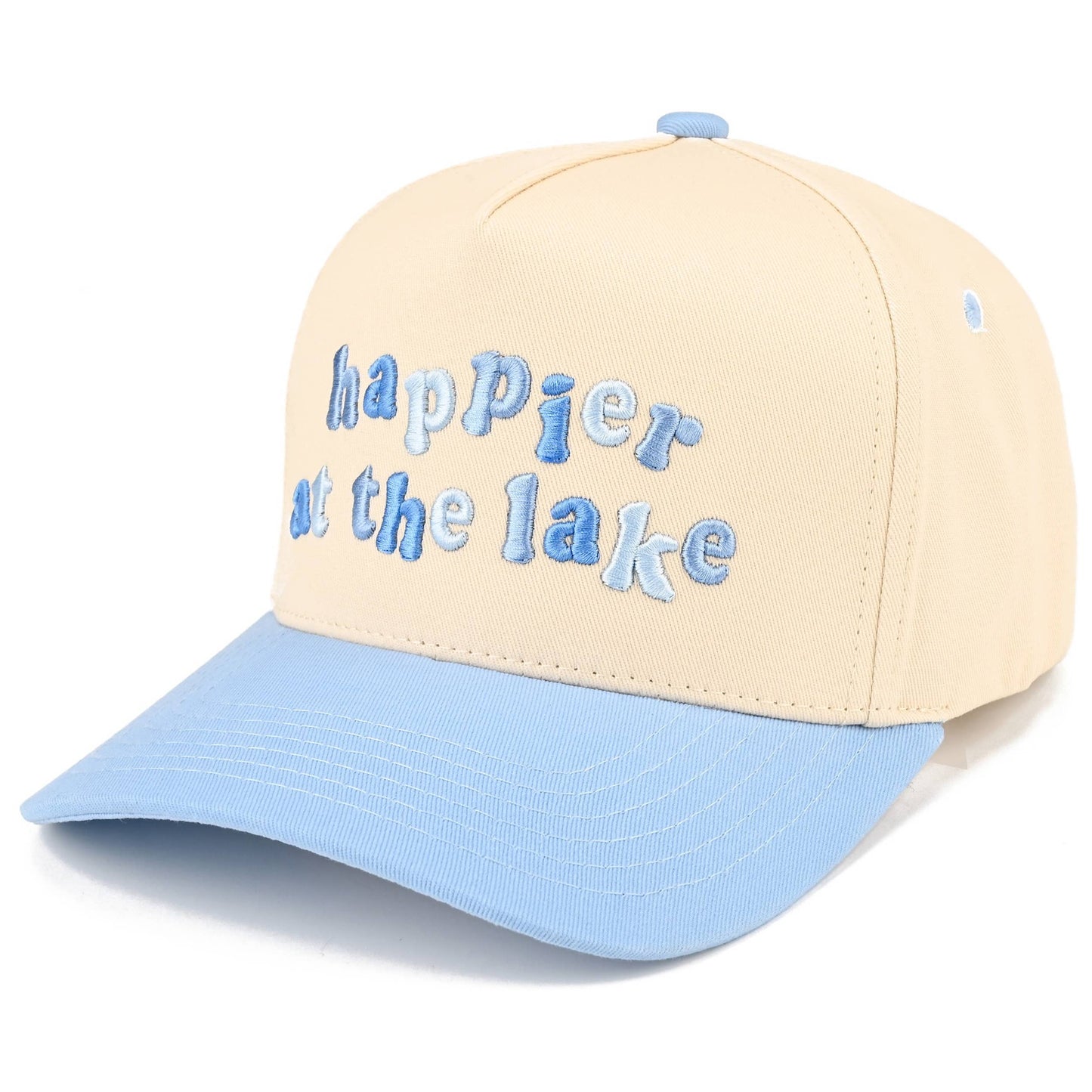 C.C HAPPIER AT THE LAKE Letter Two Tone Trucker Hat: Sky Blue