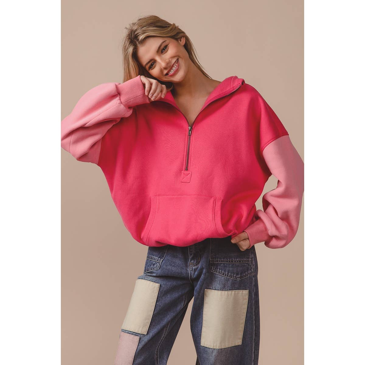 COLOR BLOCK ELASTIC HEM FLEECE HOODIE: PERIWINKLE MULTI / M