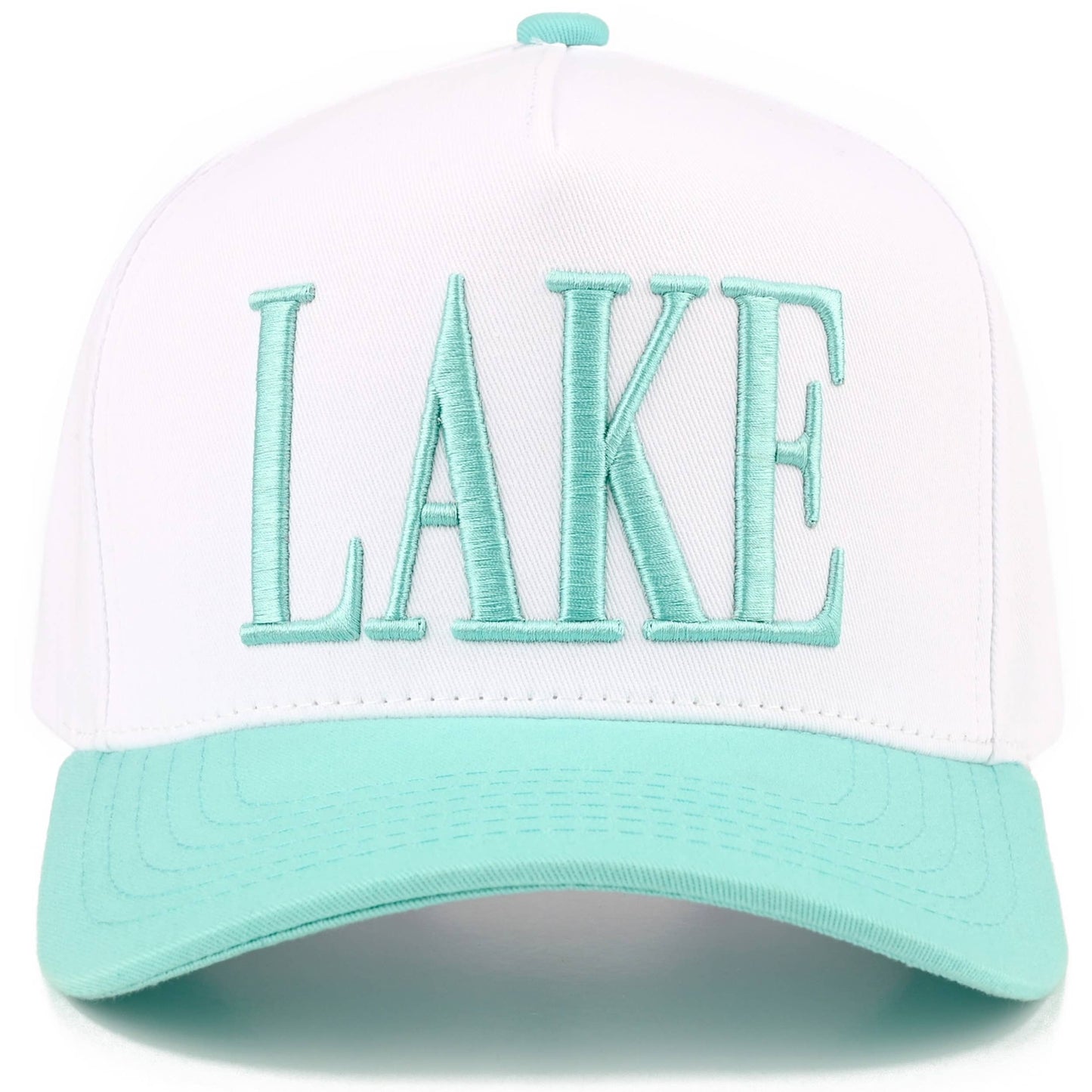 C.C LAKE Letter Embroidered Two Tone Trucker Hat: Sky Blue/White
