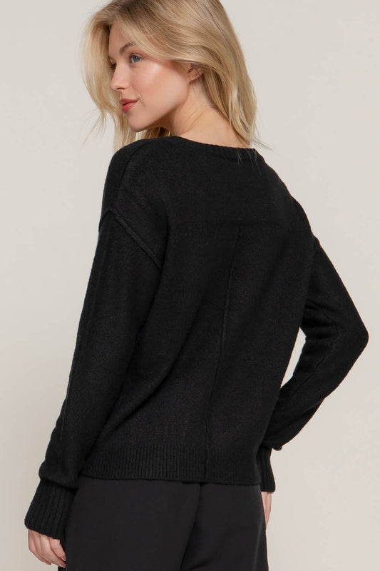 Black Long Sleeve V-Neck Raised Seam Sweater