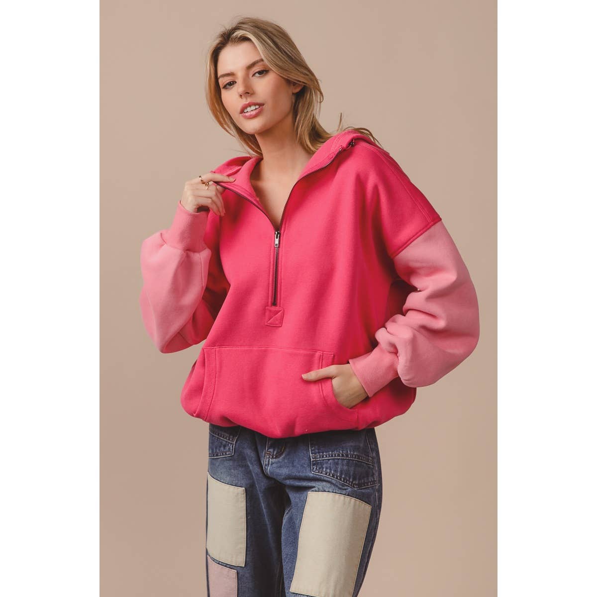 COLOR BLOCK ELASTIC HEM FLEECE HOODIE: PERIWINKLE MULTI / L