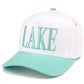 C.C LAKE Letter Embroidered Two Tone Trucker Hat: Sky Blue/White