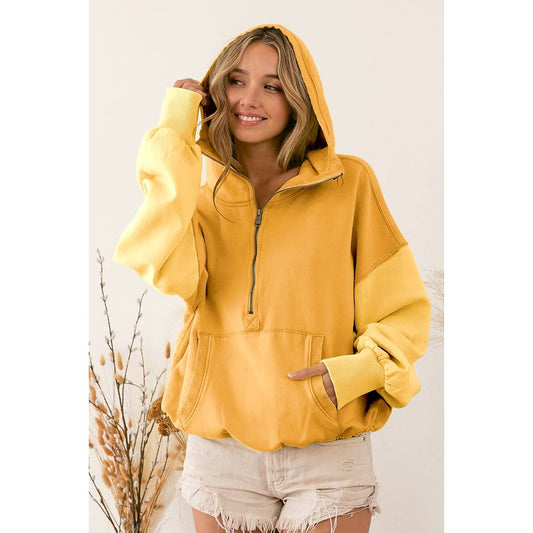 COLOR BLOCK ELASTIC HEM FLEECE HOODIE: PERIWINKLE MULTI / S