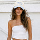 C.C HAPPIER AT THE LAKE Letter Two Tone Trucker Hat: Sky Blue