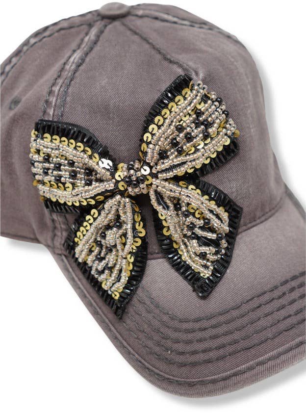 Bejeweled Bow Pearl Bling Glitz Ponytail Cap, Adjustable
: Black