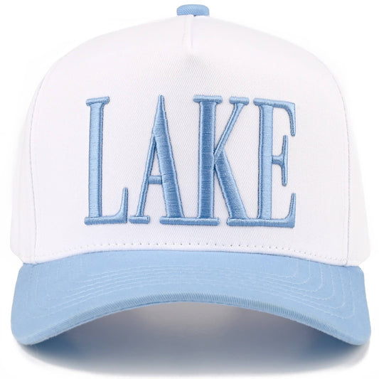 C.C LAKE Letter Embroidered Two Tone Trucker Hat: Sky Blue/White