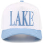 C.C LAKE Letter Embroidered Two Tone Trucker Hat: Sky Blue/White