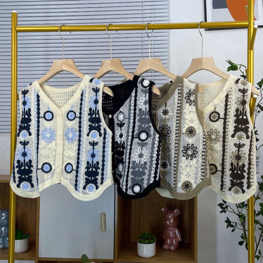 Black Vintage Hollow-Out Crochet Floral Vest